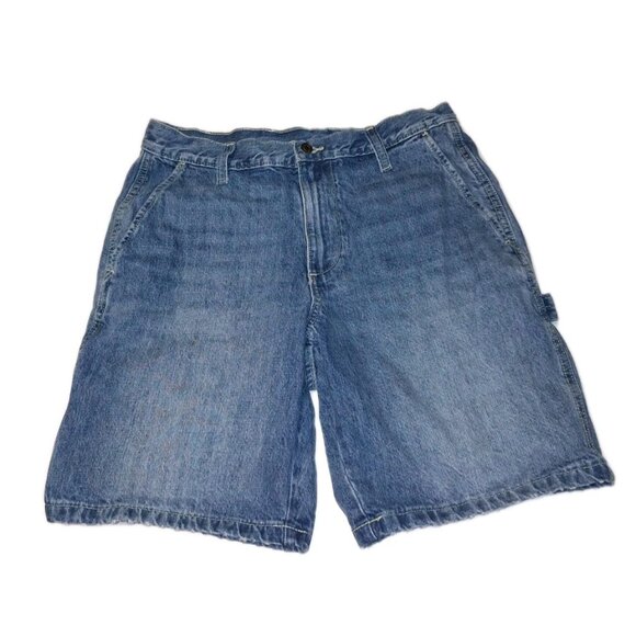 Old Navy Men's Blue Carpenter Jean Shorts L Workwear Y2K Style 33x9 Distressed - Picture 1 of 5